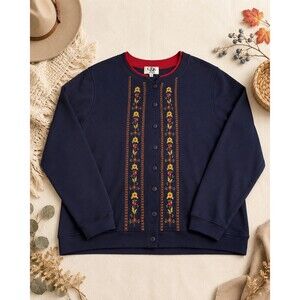 C&K Designs Women 1X Navy Embroidered Button Front Cardigan NWT